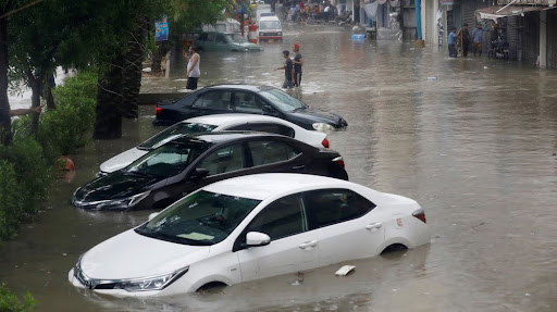 Flooded street in Pakistan showing the impact of climate-related flooding